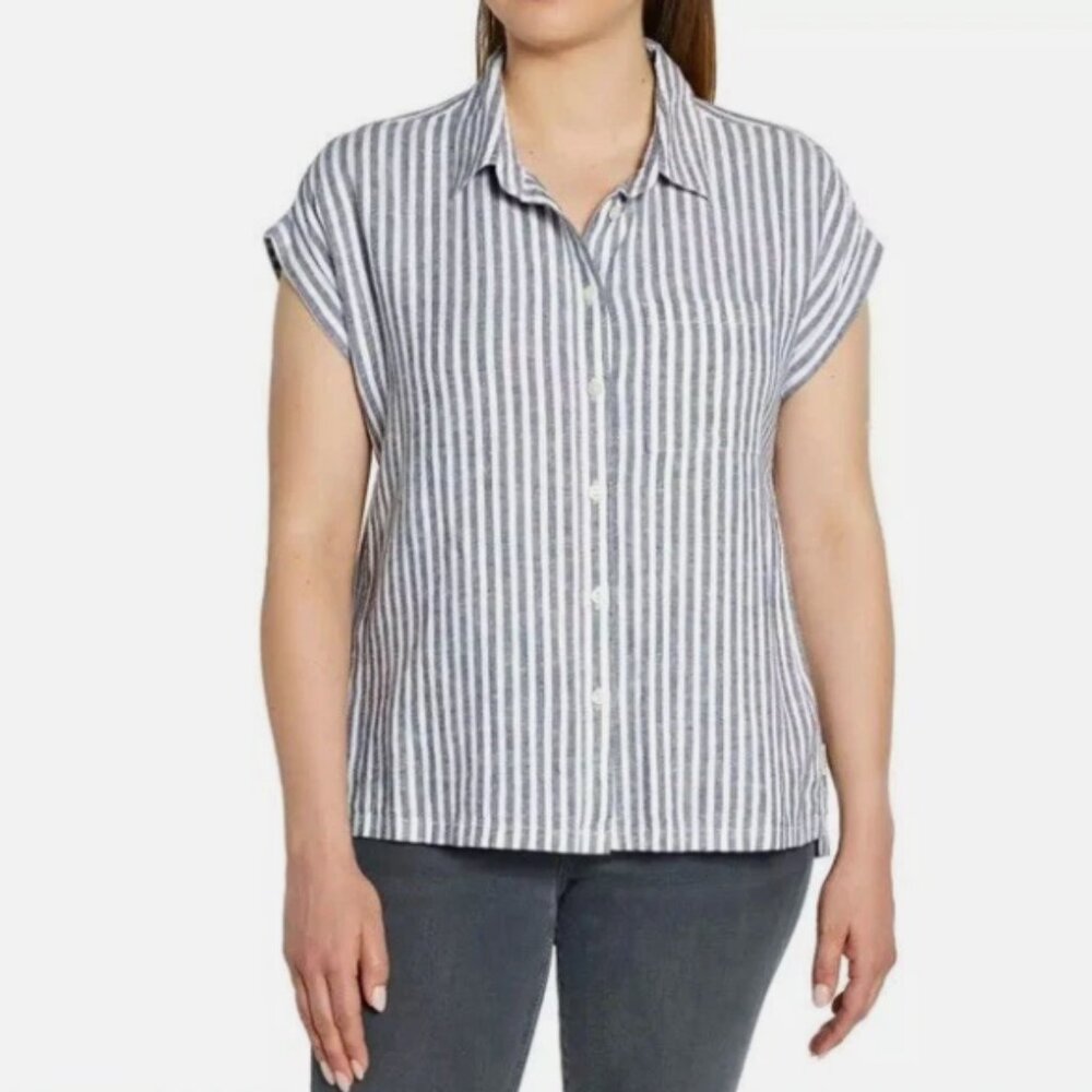 Orvis Short Sleeve Button Up Rayon Linen Blue Stripe Size Medium